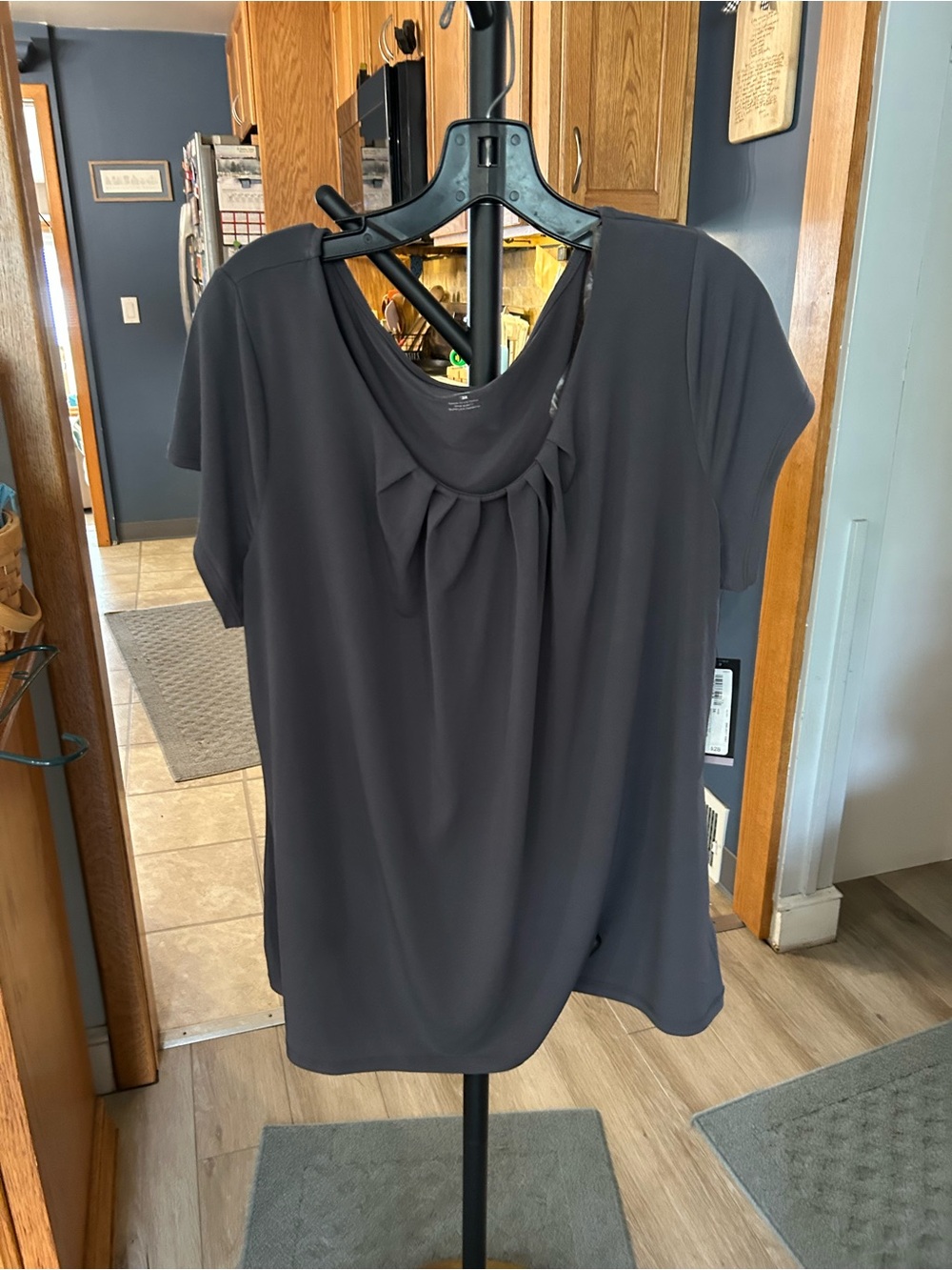 Worthington Short Sleeve Pleated Neck Blouse - Charcoal Gray